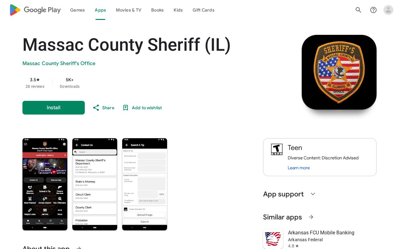 Google Play listing for the official Massac County Sheriff app