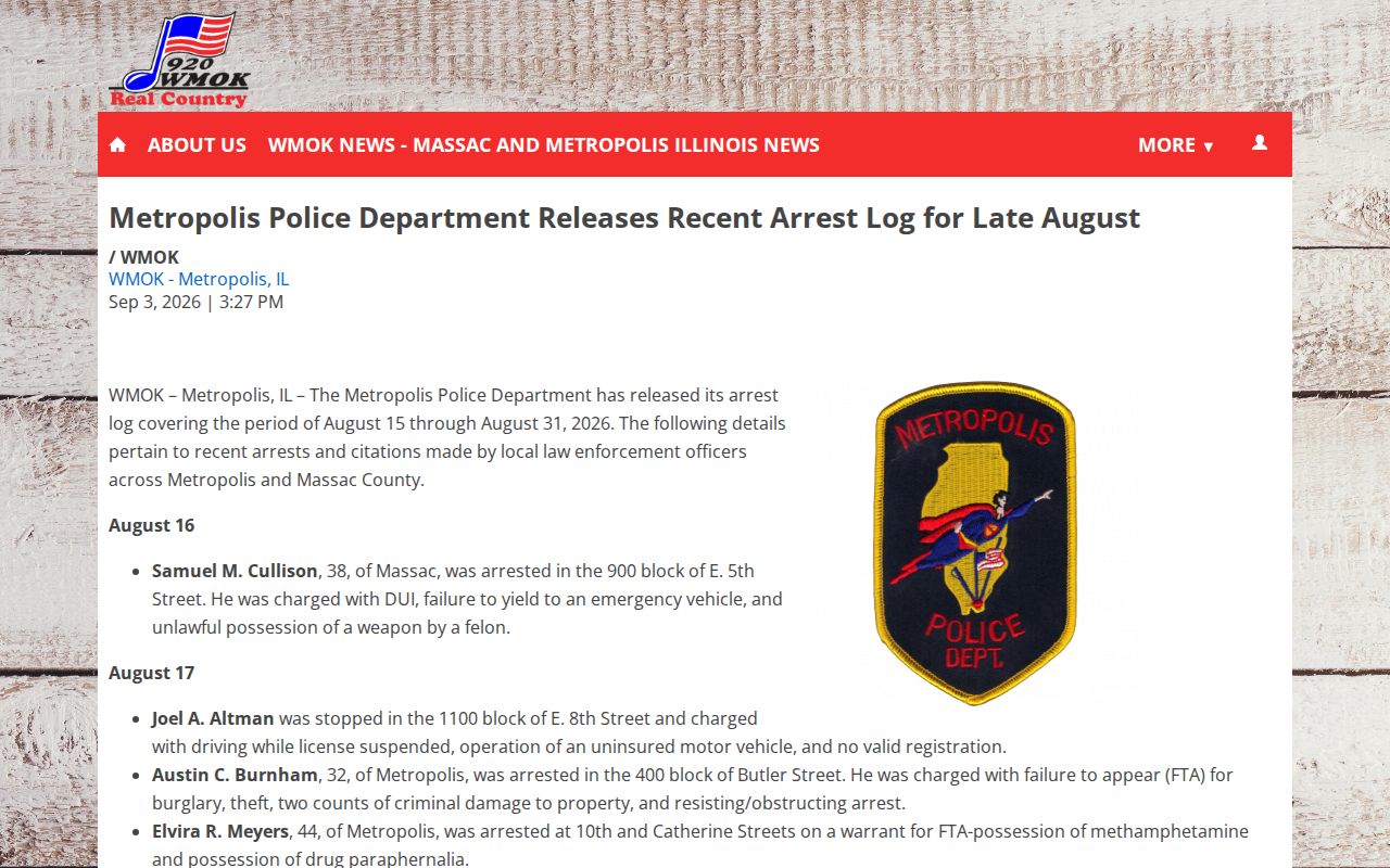 Massac County and Metropolis multi-day arrest report in WMOK