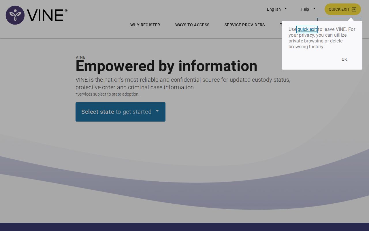 VINELink search interface for choosing a state and locating custody information