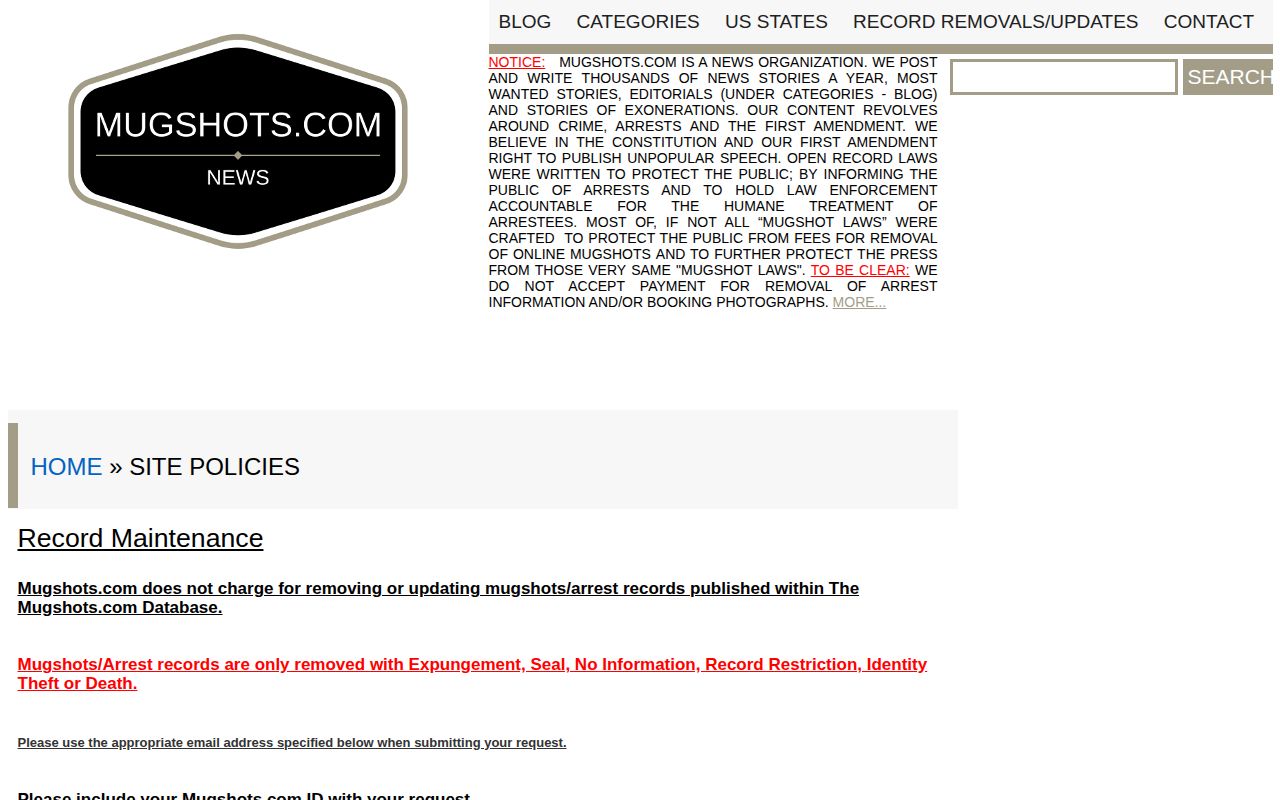 Mugshots.com policy page describing record update requests