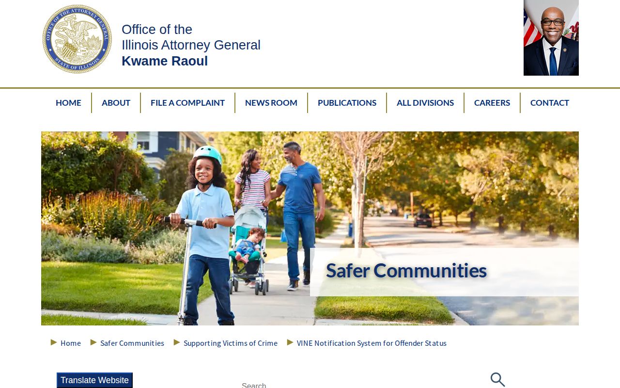 Illinois Attorney General page explaining the statewide VINE notification system